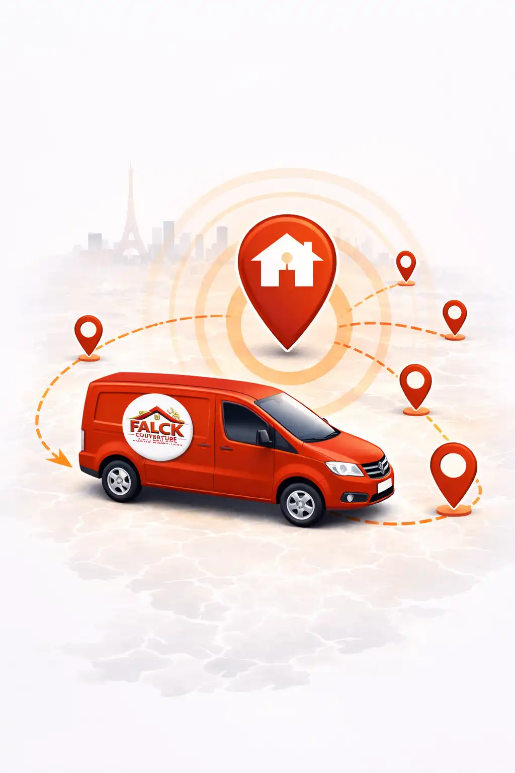 Camionnette rouge de couverture se déplaçant avec points de localisation illustrant les interventions en Île-de-France