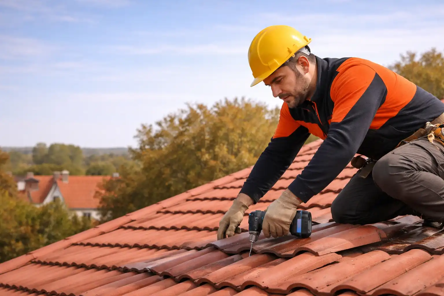 Artisan couvreur posant des tuiles sur une toiture avec visseuse, intervention sur chantier en Île-de-France