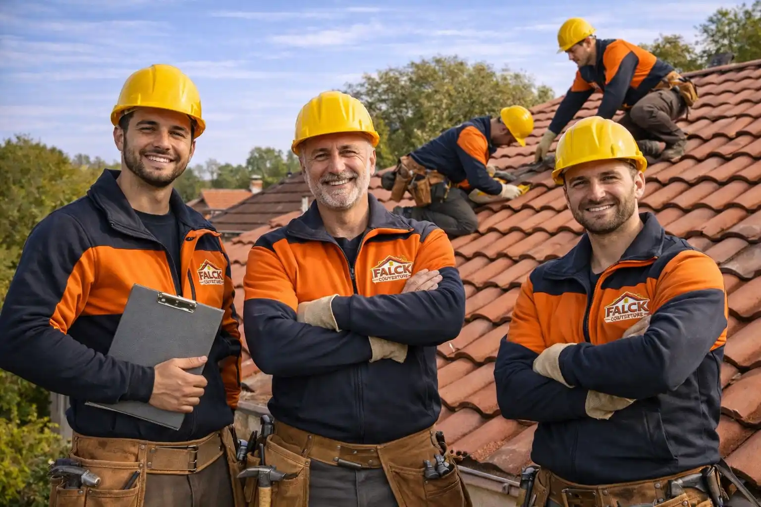 Artisans couvreurs Falck Couverture travaillant sur une toiture en tuiles avec équipe en action en arrière-plan en Île-de-France