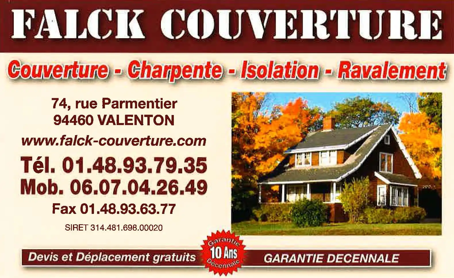 Carte de visite Falck Couverture à Valenton avec coordonnées, services de couverture, charpente, isolation, ravalement et garantie décennale
