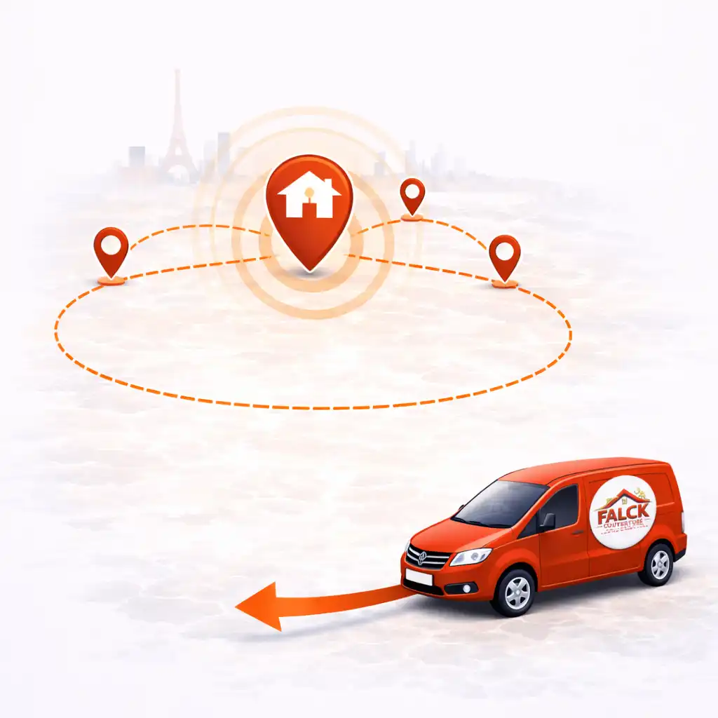 Camionnette de couvreur sortant d’une zone d’intervention illustrant les demandes spécifiques hors secteur