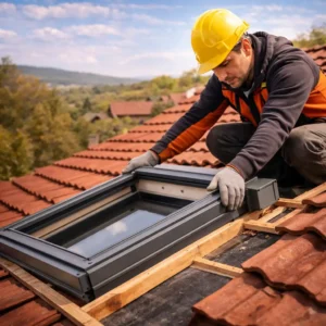 Couvreur installant une fenêtre de toit Velux sur une charpente avec ajustement manuel du cadre et liteaux visibles