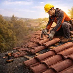 Artisan couvreur réalisant la pose et la rénovation de toiture en tuiles – travaux de toiture en Île-de-France par Falck Couverture