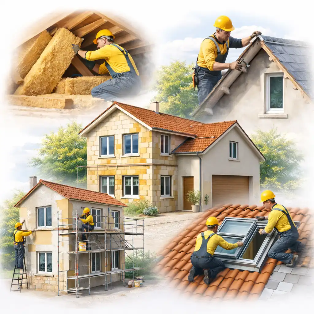 Artisans réalisant isolation toiture, pose de velux, rénovation de façade et travaux de couverture sur maison individuelle