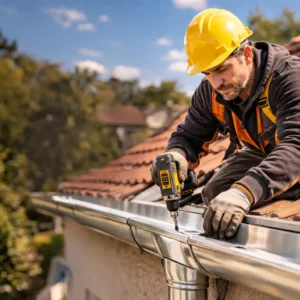 Artisan zingueur réalisant la pose et la réparation de gouttières en zinc sur toiture – travaux de zinguerie en Île-de-France par Falck Couverture