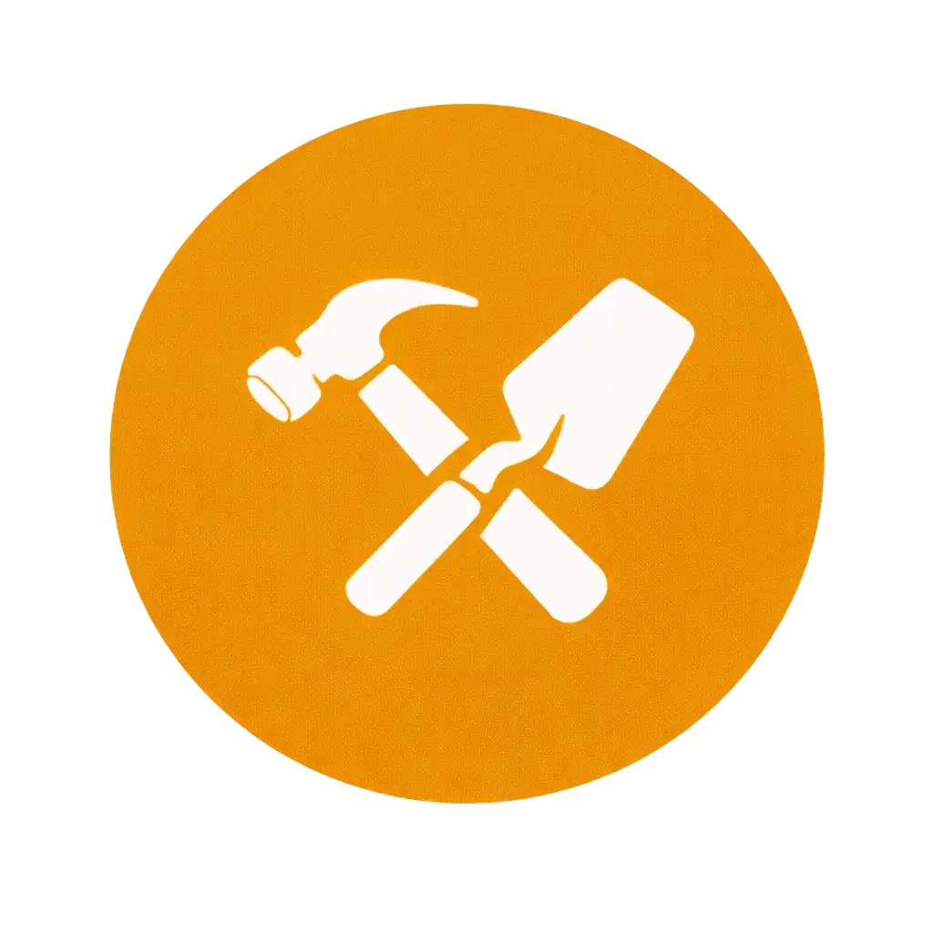 Picto rond avec outils croisés représentant l’expertise en travaux de couverture, zinguerie, isolation et rénovation de toiture