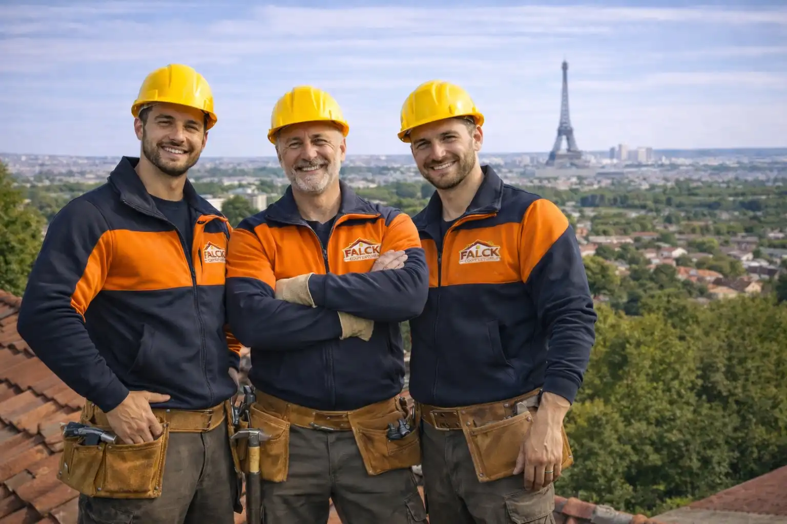 Équipe de couvreurs Falck Couverture sur toiture en Île-de-France illustrant une entreprise locale réactive et spécialisée en travaux de couverture